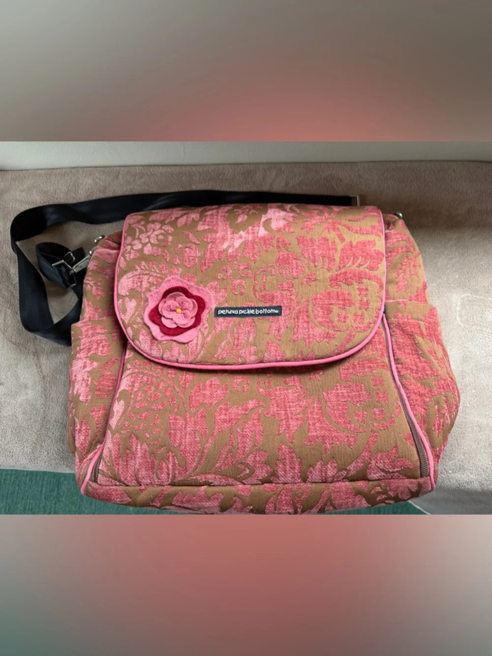 Petunia Pickle Bottom Pink & Tan Floral Crossbody Bag w/Flower Accent Diaper bag